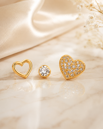 Émeline Heart Trio Earrings - 925 Sterling Silver with 18K Gold Plating