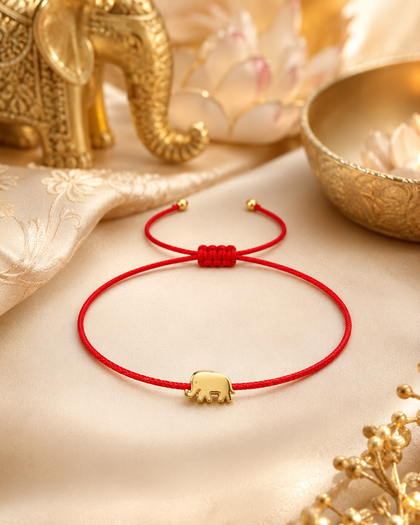 Red String Protection Bracelet - Elephant Charm, Sterling Silver with 18K Gold Plating, Adjustable