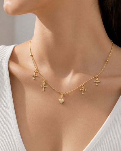 Necklace with Cross and Heart Charms
