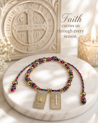 Saint Benedict Bracelet - Multicolor Cord, Cross Charm, Adjustable