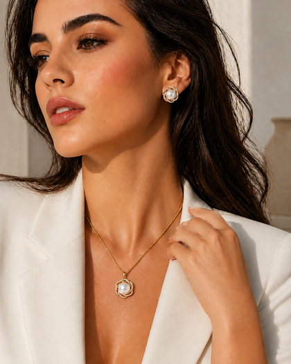 Imperial Pearl Set – Necklace & Earrings Set – 925 Sterling Silver with 18K Gold Plating