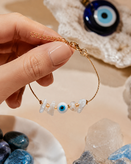 Evil Eye Bracelet - White Quartz, Semiprecious Stones, Gold-Plated, Adjustable