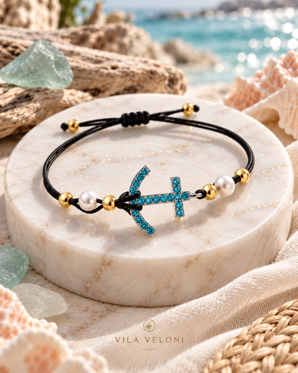 Black Thread Bracelet - Anchor, Brass, Adjustable