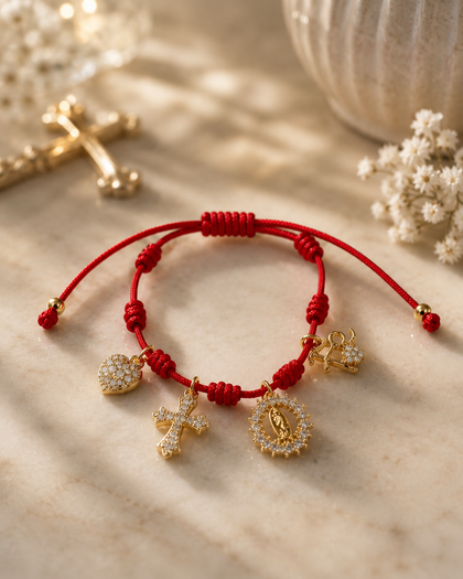 Divine Faith Bracelet - Virgin Mary, Cross & Heart Charms, 18k Gold Plated Brass, Adjustable