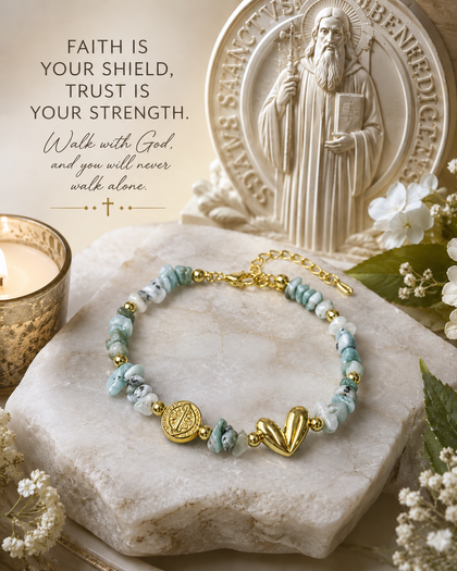 Saint Benedict Beaded Bracelet - Medal & Heart, Blue Stones, Adjustable