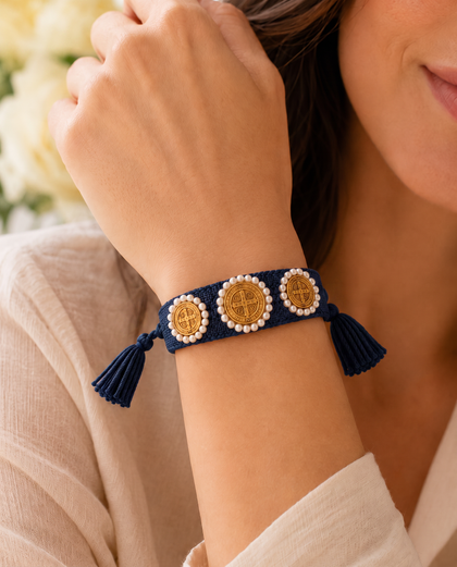 Woven Bracelet - Royal Blue Faith, Saint Benedict Medal & Pearls, Adjustable