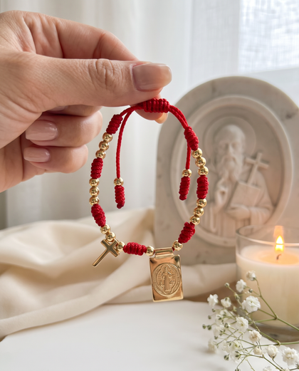 Saint Benedict Scapular Bracelet - Red Cord, Cross Charm, 18k Gold Plated, Adjustable
