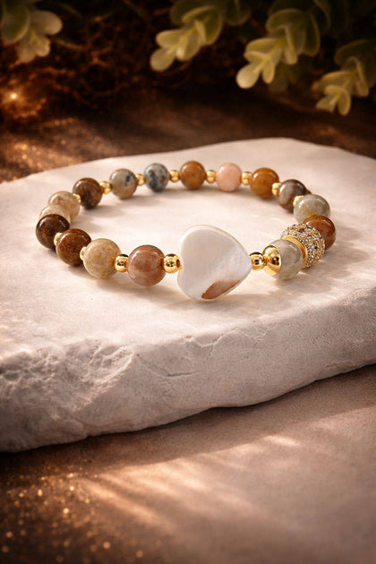 Semiprecious Stone Bracelet - Pearl Heart, 18k Gold Plated Brass, Adjustable