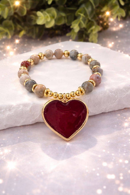 Semiprecious Stone Bracelet - Red Heart, 18k Gold Plated Brass, Adjustable