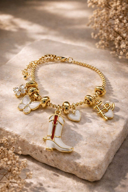 Charm Bracelet - Heart, Butterfly, Cowboy Boot & Flower, 18k Gold Plated Brass, Adjustable