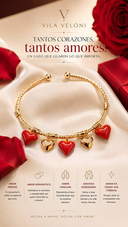 Heart Charm Bracelet - Gold & Red Heart Charms, 18k Gold Plated Brass, Adjustable