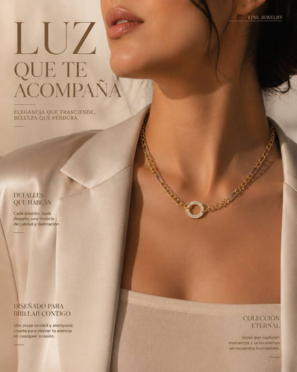 Chain necklace with hoop pendant with cubic zirconia in brass and 18k gold plating