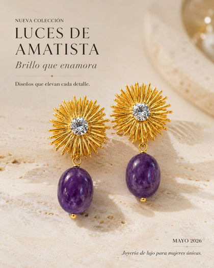 Flower Style Earrings with Zirconia and Purple Semiprecious Stone Pendant in Brass and 24k Gold Plating