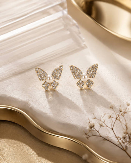 Elegant Butterfly Earrings with Pearls and Sparkling Zirconia - 925 Silver with 18K Gold Plating