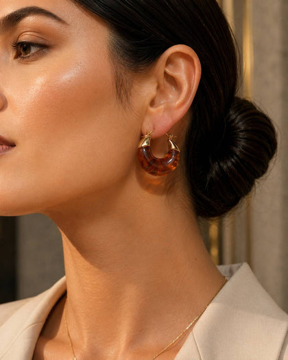 Elegant Brown Semiprecious Stone Earrings - Brass with 18K Gold Plating