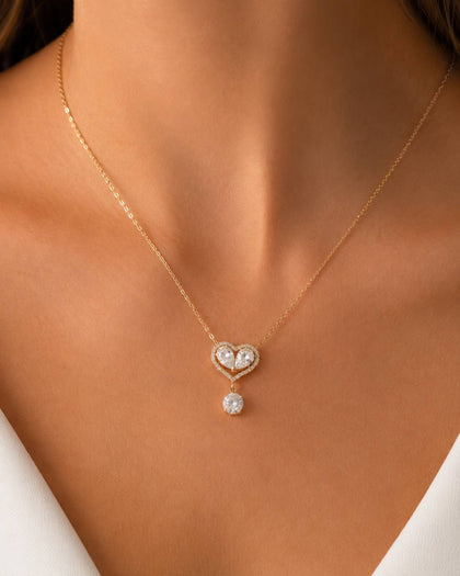 Necklace with Heart Charm and Zirconia Pendant in 925 Sterling Silver with 18k Gold Plating