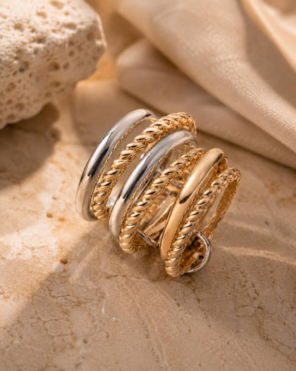 Multiple Ring with Textured Hoops in 18k Gold Plating